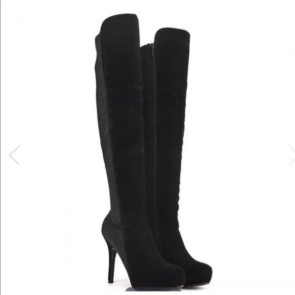 Black Faux Suede Knee High Heel Platform Boots 8 - Picture 3 of 3